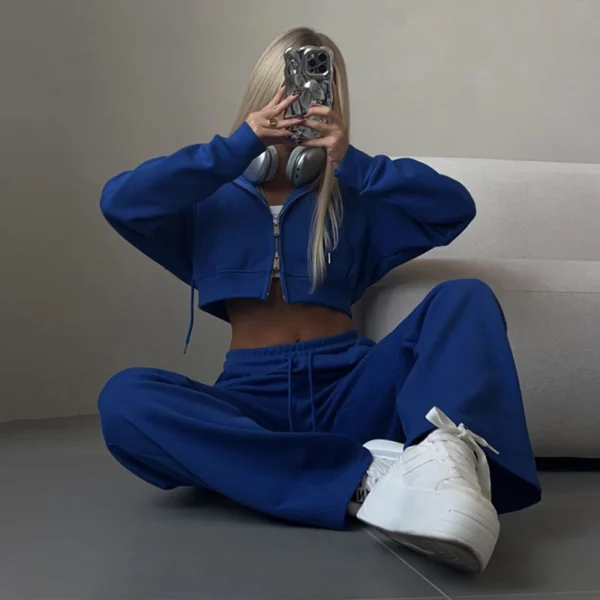 Womens Blue Cropped Zip Up Hoodie Set