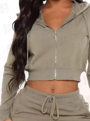 Womens Cropped Zip Hoodie Tracksuit Set