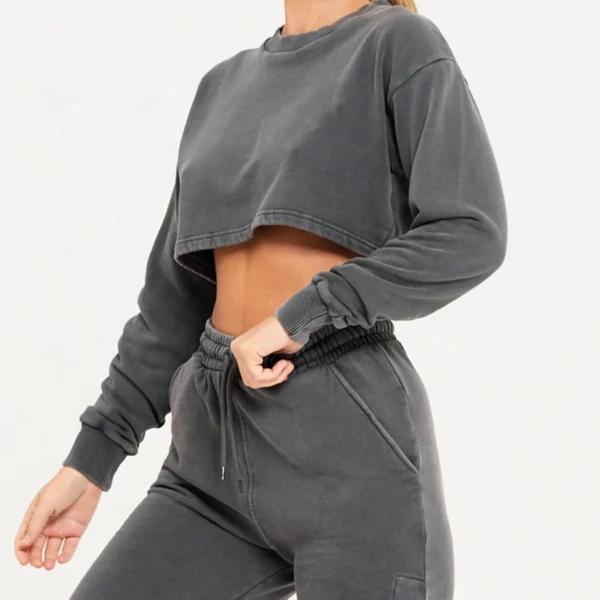 Womens Washed Cropped Sweatshirt Jogger Set