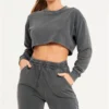 Womens Washed Cropped Sweatshirt Jogger Set
