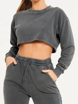 Womens Washed Cropped Sweatshirt Jogger Set