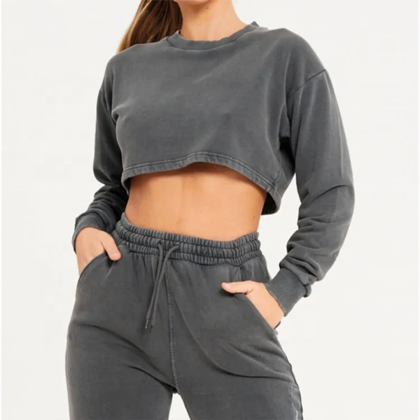 Womens Washed Cropped Sweatshirt Jogger Set