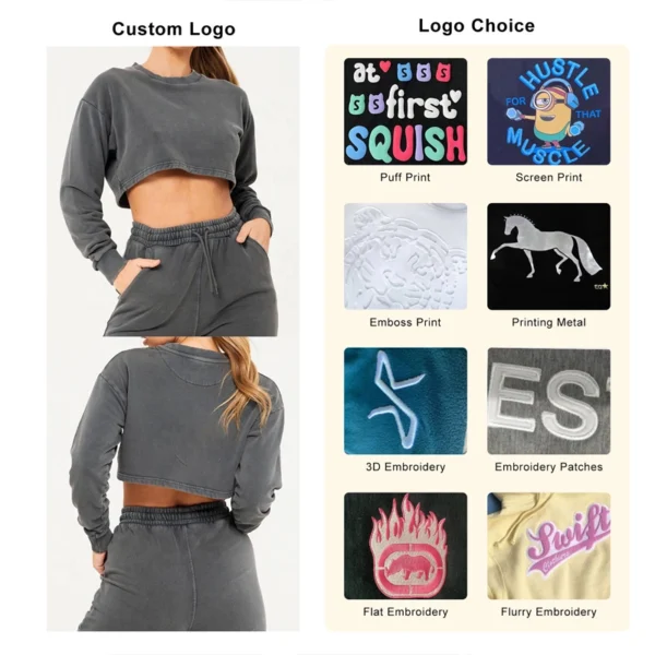 Womens Washed Cropped Sweatshirt Jogger Set