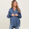 Blue Patchwork Half-Button Oversized Hoodie