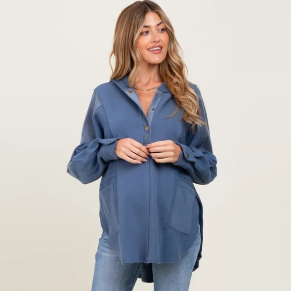 Blue Patchwork Half-Button Oversized Hoodie
