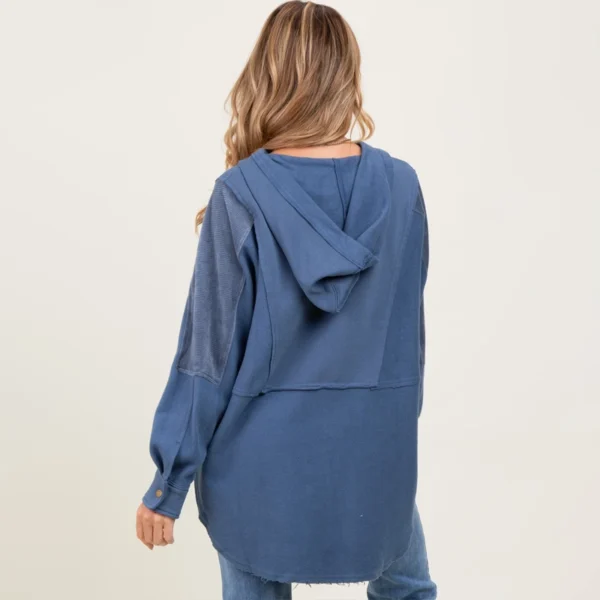 Blue Patchwork Half-Button Oversized Hoodie