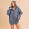 Blue Patchwork Half-Button Oversized Hoodie