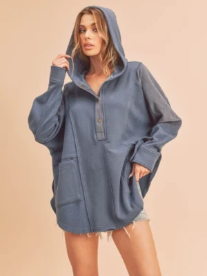 Blue Patchwork Half-Button Oversized Hoodie