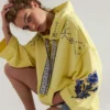 Yellow Embellished Floral Print Oversized Hoodie
