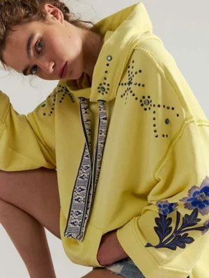 Yellow Embellished Floral Print Oversized Hoodie