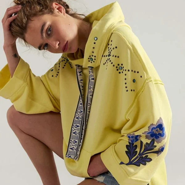 Yellow Embellished Floral Print Oversized Hoodie Yellow Embellished Floral Print Oversized Hoodie