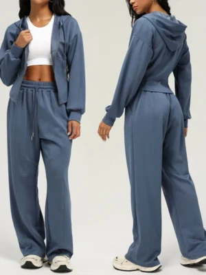 Womens Blue Zip Up Hoodie Wide Leg Set