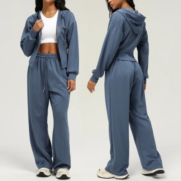 Womens Blue Zip Up Hoodie Wide Leg Set