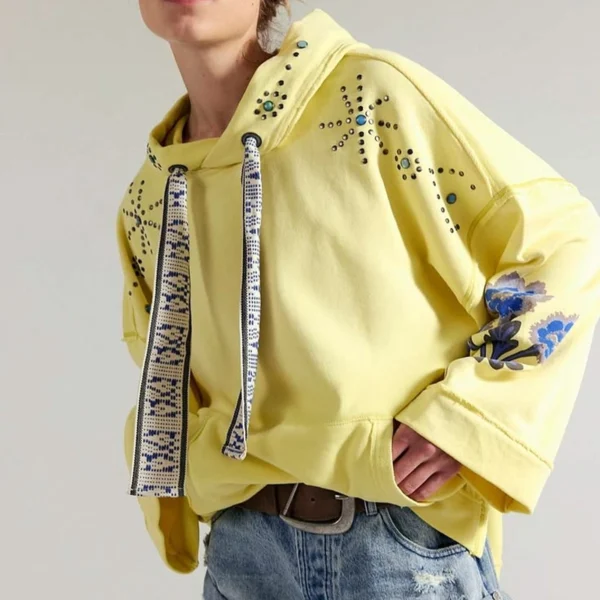 Yellow Embellished Floral Print Oversized Hoodie Yellow Embellished Floral Print Oversized Hoodie