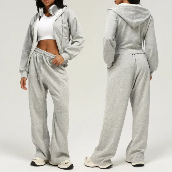 Womens Blue Zip Up Hoodie Wide Leg Set