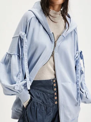 Lace-Up Sleeve Oversized Zip-Up Hoodie