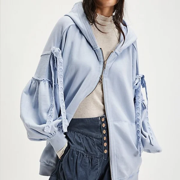 Lace-Up Sleeve Oversized Zip-Up Hoodie