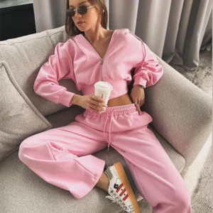Womens Pink Cropped Zip Up Hoodie Set