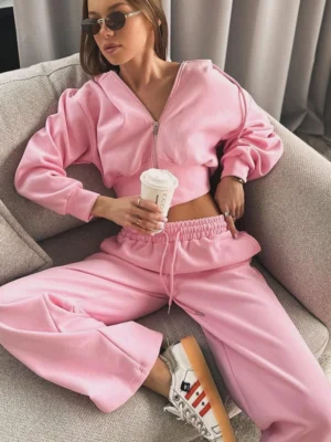 Womens Pink Cropped Zip Up Hoodie Set