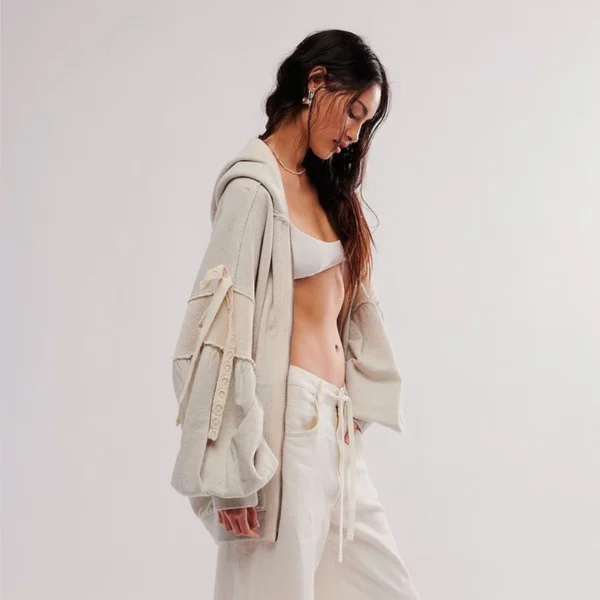 Lace-Up Sleeve Oversized Zip-Up Hoodie