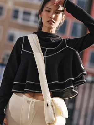 Light Blue Cropped Ruffled Hem Hoodie