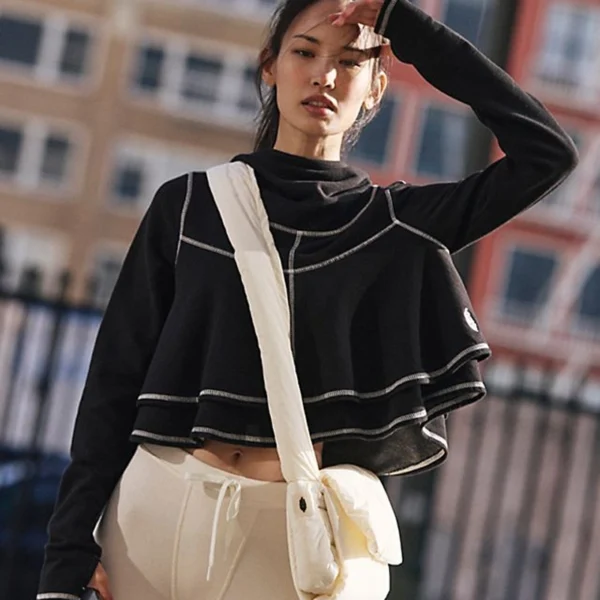 Light Blue Cropped Ruffled Hem Hoodie