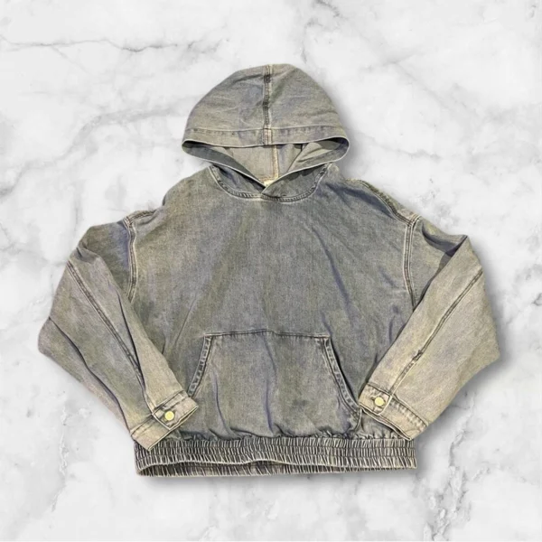 Vintage Washed Denim Oversized Elastic-Hem Hoodie