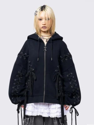 Black Lace-Up Balloon-Sleeve Zip-Up Hoodie