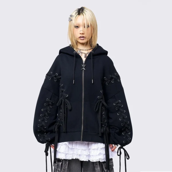 Black Lace-Up Balloon-Sleeve Zip-Up Hoodie