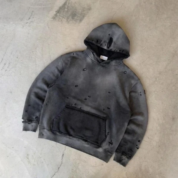 Grey Extreme Distressed Washed Pullover Hoodie Grey Extreme Distressed Washed Pullover Hoodie