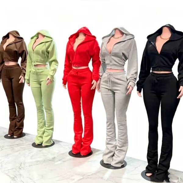Cropped Zip-Up Hoodie Flared Pants Tracksuit
