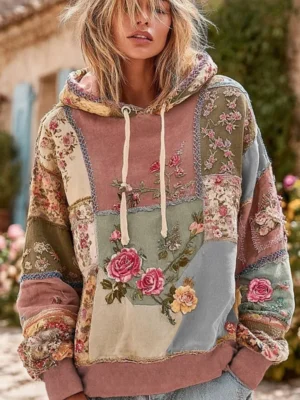 Boho Patchwork Floral Embroidered Oversized Hoodie Boho Patchwork Floral Embroidered Oversized Hoodie