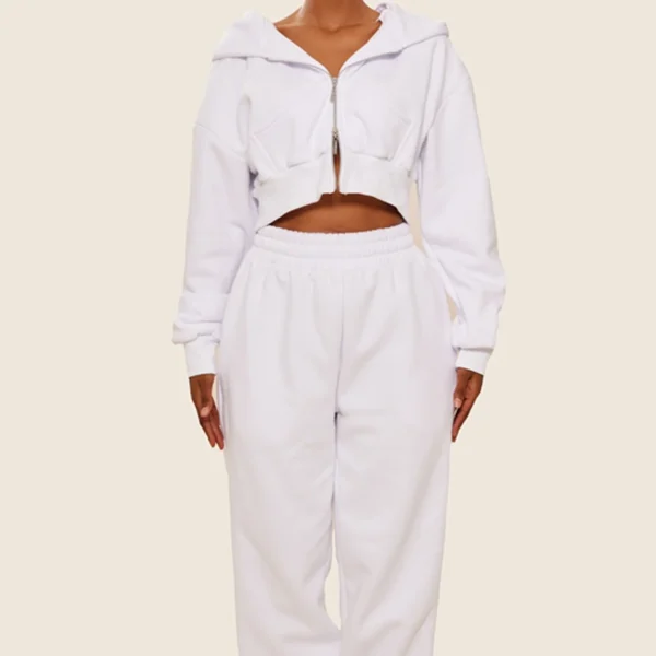 White Cropped Zip Up Hoodie Tracksuit