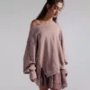 Dusty Rose Washed Off-Shoulder Oversized Sweatshirt