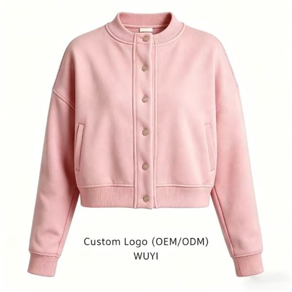 Pink Custom Logo Cropped Button Up Jacket Tracksuit