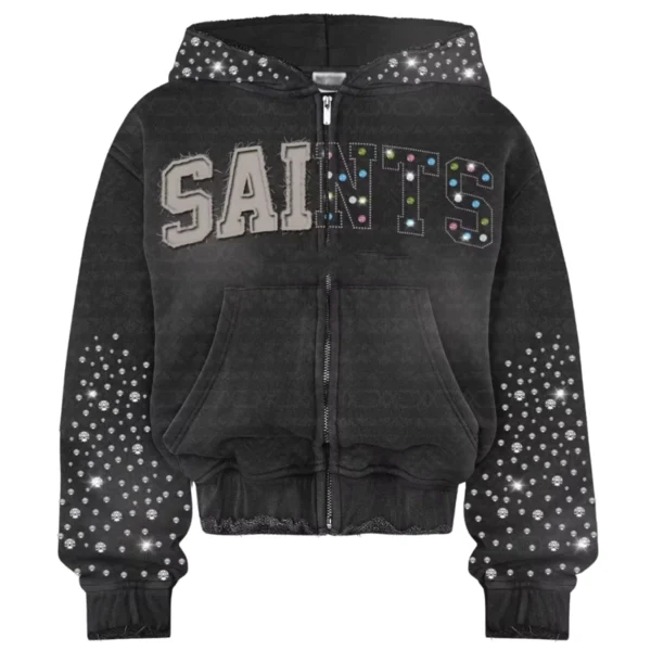 Black SAINTS Rhinestone Oversized Zip Up Hoodie