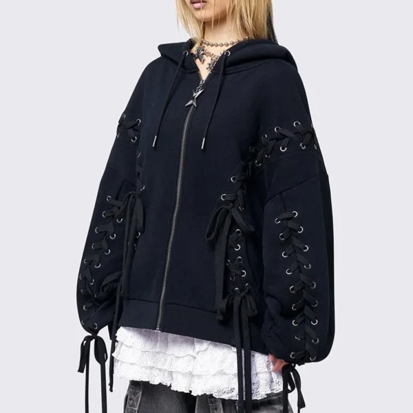 Black Lace-Up Balloon-Sleeve Zip-Up Hoodie