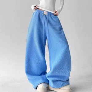 Sky Blue Teddy Fleece Wide-Leg Sweatpants