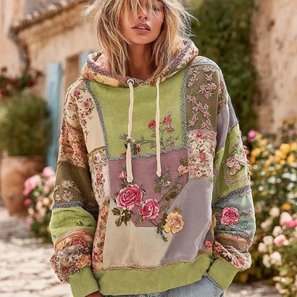 Boho Patchwork Floral Embroidered Oversized Hoodie