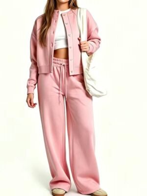 Pink Custom Logo Cropped Button Up Jacket Tracksuit Pink Custom Logo Cropped Button Up Jacket Tracksuit