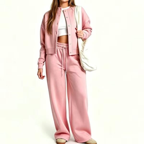 Pink Custom Logo Cropped Button Up Jacket Tracksuit