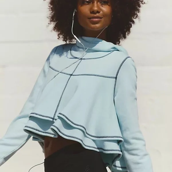 Light Blue Cropped Ruffled Hem Hoodie