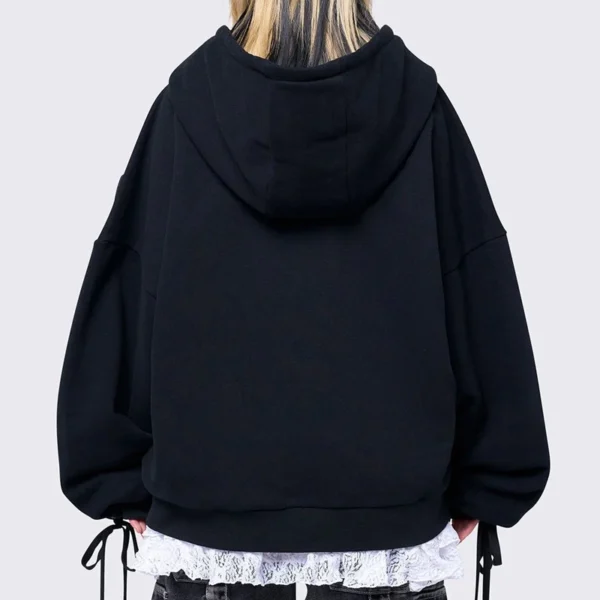 Black Lace-Up Balloon-Sleeve Zip-Up Hoodie