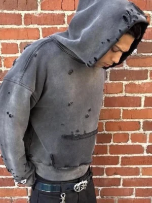 Grey Extreme Distressed Washed Pullover Hoodie