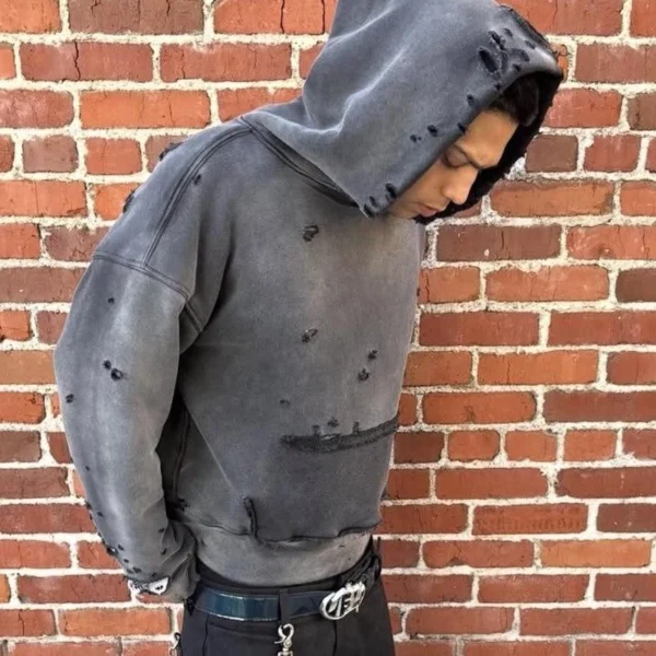 Grey Extreme Distressed Washed Pullover Hoodie Grey Extreme Distressed Washed Pullover Hoodie
