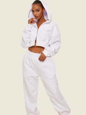 White Cropped Zip Up Hoodie Tracksuit