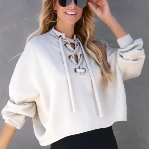 Cream Lace-Up Neckline Oversized Sweatshirt