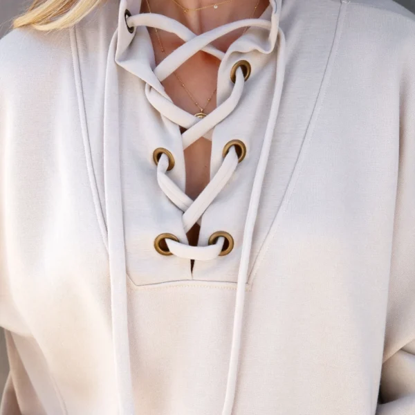 Cream Lace-Up Neckline Oversized Sweatshirt