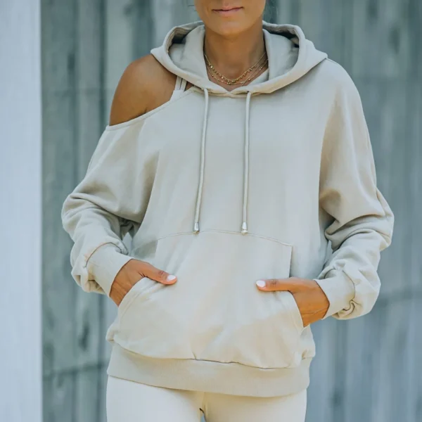 Beige Cold Shoulder Oversized Hoodie