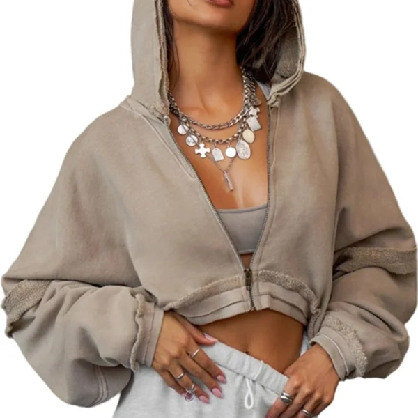 Taupe Washed Cropped Zip-Up Hoodie